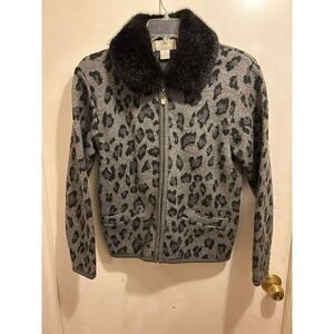 Lisa International Boiled Wool Leopard Print Jacket Faux Fur Collar Grey Black M